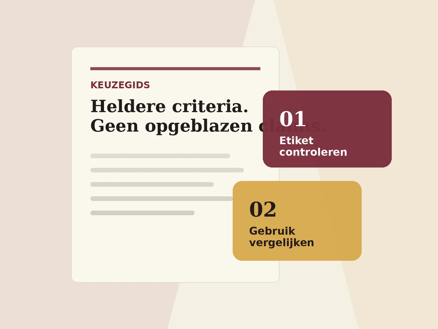 Redactionele illustratie van een vergelijkingsgids met etiket- en gebruikskaarten